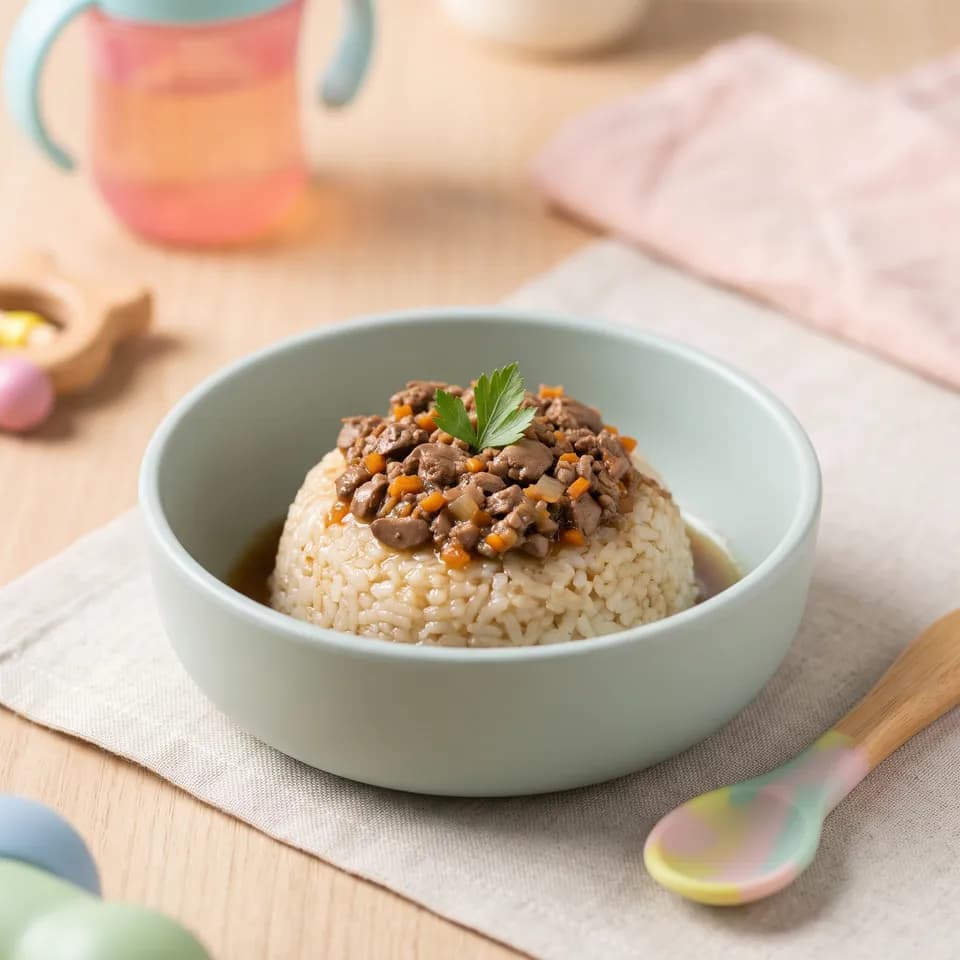“Professional food photography of homemade Indonesian Nasi Tim Semur Hati Ayam in a ceramic baby bowl, garnished with a tiny parsley leaf, soft natural lighting, pastel background, appetizing and healthy infant meal style.”